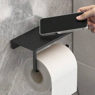1 Piece Of Wall-Mounted Adhesive Tissue Holder, Suitable For Kitchen And Bathroom, With A Size Of 6.7 Inches (Approximately 17.0 Cm), A Bathroom Tissue Roll Hanging Rack With Storage Shelf, Self-Adhesive Tape Adhesive, Wall-Mounted Toilet Paper Holder, Matte Black