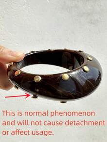 1pc Vintage Asymmetrical Resin Bracelet With Gold/Silver Rivet Buttons, Brown & White Tie Dye, Fashionable & Elegant Thick Jewelry For Women, Suitable For Autumn/Winter - Multicolor - View 4