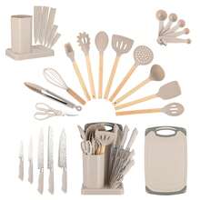 23 PCS Silicone Kitchen Utensils Set And Kitchen Knife Set With Removable Knife Cover, Non-Stick Heat Resistan Kitchen Tools Best Kitchen Cookware Include 12 Pcs Silicone Cooking Utensils 5 Pcs Chef Knife Set - Màu Khaki - Xem 10