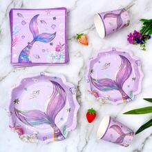 10pcs Purple Mermaid Tail Petal Disposable Plates, Napkins And Cups, Petal Theme Tableware Set For 10 Guests, Suitable For Birthday Party, Family Picnic - Multicolor - View 5