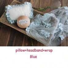 3件套婴儿珍珠襁褓毯、枕头和发带套装，新生儿摄影道具，花卉雪纺襁褓，串珠薄纱，DIY男宝宝/女宝宝摄影配件，网纱背景毯 - 彩色 - 查看 16