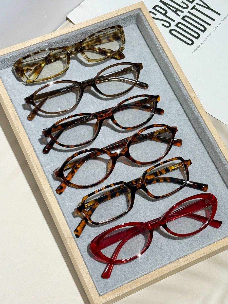 6pcs Leopard Print Plastic Multi-Color Geometric Full Frame Classic Men's And Women's Fashion Glasses Combination Fashion Glasses Frame Transparent Glasses Non Prescription Glasses, Suitable For All Face Shapes Holiday Gifts Carnival Parties Outdoor Clothing Fashion Accessories Glasses Set Gifts - trong suốt - Xem 1