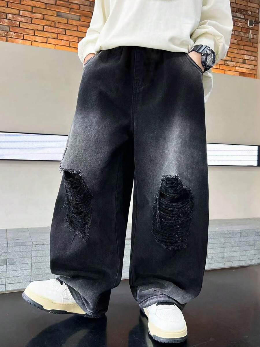 青少年/大龄青少年男孩做旧水洗个性化牛仔裤，休闲宽松直筒裤 - 黑色 - 查看 1