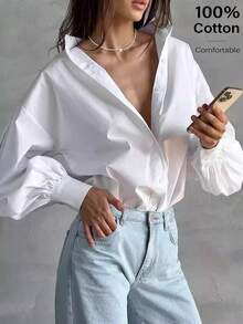 Women's Linen Fall Winter Work Shirt, Elegant Casual White Top, Perfect For 2026 Graduation & Commuting | Fall Winter Wear - White - View 4