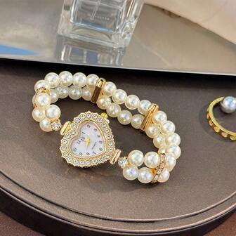 1 件女式双排大珍珠弹性水钻装饰合金表壳阿拉伯数字表盘休闲石英表