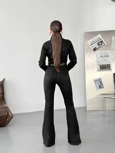 SQUALO Blå tvättade, slitna och slitna jeans för kvinnor, gatustil