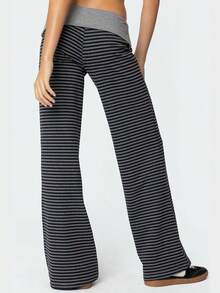 Women's Casual Loose Folding Waist Pants Solid Color/Striped Loose Wide Leg Pants - 淺灰色 - 查看 3