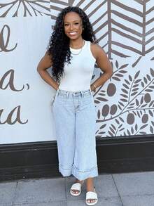 Steph T Quần jeans denim ống rộng lưng thấp dệt phong cách BOHO mùa hè dành cho nữ, trở lại trường, cổ điển - Rửa nhẹ - Xem 4