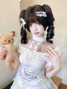 alicegarden 1 Piece Of Synthetic Heat-Resistant Curly Hair, Black Curly Hair Wig, Double Ponytail, With Bangs Style, 12 Feet Long, Made Of Fiber, Suitable For Daily Use, Natural And Realistic Wig. - Black - View 3