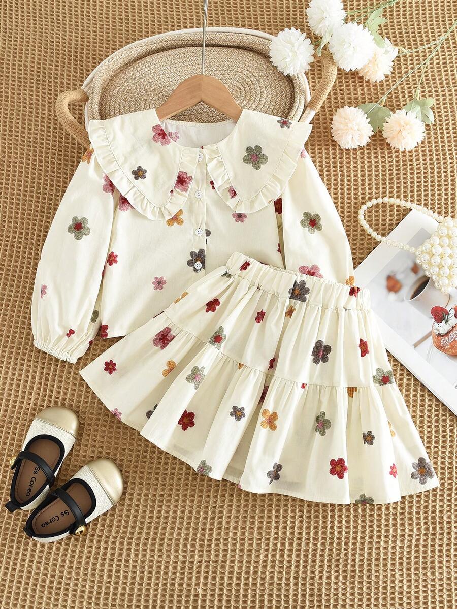 2pcs/Set Young Girl's Butterfly Print Peter Pan Collar Long Sleeve Top + Skirt Outfit - Apricot - View 1
