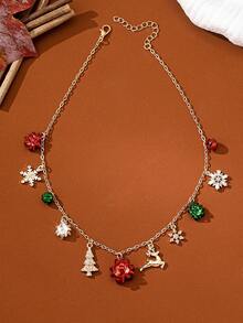 1 Pc Christmas Tree Reindeer Gingle Bells Charm Necklace - Gold Tone Chain Necklace With Christmas Bow Snowflake Pendant - Holiday Festive Jewelry Gift For Women & Girls - Multicolor - View 4
