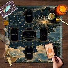 1pc Mystical Sun And Moon Tarot Reading Mat - Polyester Astrology Tablecloth With Zodiac Wheel, Crescent Moons, And Stars, Perfect For Home Decor Boho Playmat Cloth Astrology Decor - Multicolor - View 2