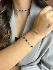 925 Silver Plated Women's Jewelry Set, Necklace + Bracelet + Earrings Inlaid With Multicolored - Black - View 2
