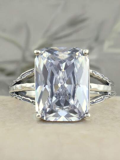 1pc Bohemian Style Retro Silvery White Cubic Zirconia Copper Women's Ring, Wedding Engagement Commitment Ring, Daily Wear