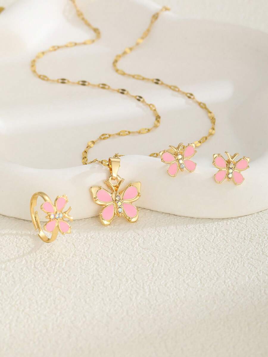 3pcs/Set Cute Stainless Steel Pink Butterfly Zirconia Pendant Necklace, Earrings And Ring, Suitable For Girls, Delicate Summer Beach Party Jewelry, Children's Street Fashion Accessories, Party Gifts - Pink - View 1