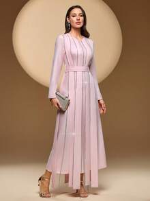 Vestido largo de manga larga con cinturón, cuello redondo de unicolor, flor oscilante con rhinestones asimétrica, volante delantero asimétrico, adecuado para múltiples ocasiones - Rosa - Ver 6