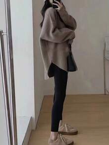 Alicedudu Suéter holgado de estilo minimalista de longitud midi para mujer, apto para otoño/invierno