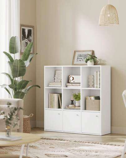 VASAGLE Libreria, Scaffale Libreria a 3 Ripiani, Scaffale Portaoggetti, 29 x 97,5 x 97,5 cm, 3 Scomparti con Ante, per Soggiorno Studio Sala da Pranzo, Bianco Nuvola