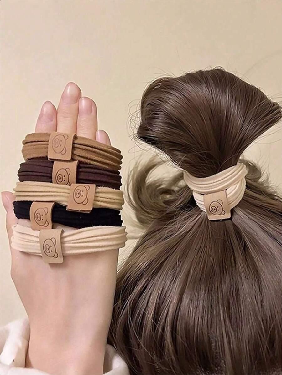 10Ps/5Ps Women's Simple, Fashionable, Cute Little Bear Decoration With High Elasticity And No Damage To Hair Tie Suitable For Daily Leisure ,Ponytail Holders ,Hair Elastics ,Hair Rubber Bands ,Scrunchies ,Hair Rope ,Elastic Hair Tie
