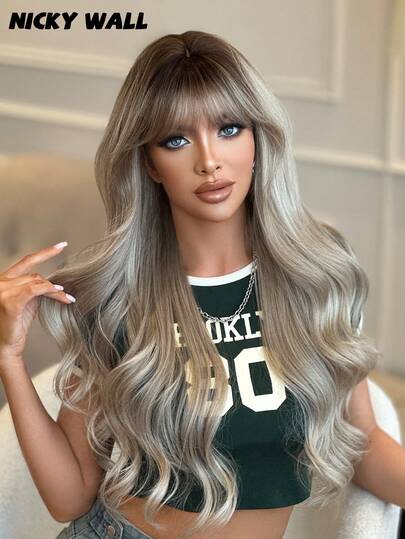 NICKY WALL Silver-Mörka Rötter Peruk Lång Kroppsvågig Peruk För Kvinnor Fluffig Naturlig Lockig Peruk Med Lugg Mode Syntetiska Värmebeständiga Fiberperuker Flickor Cosplay Fest Daglig Användning 28 Tum