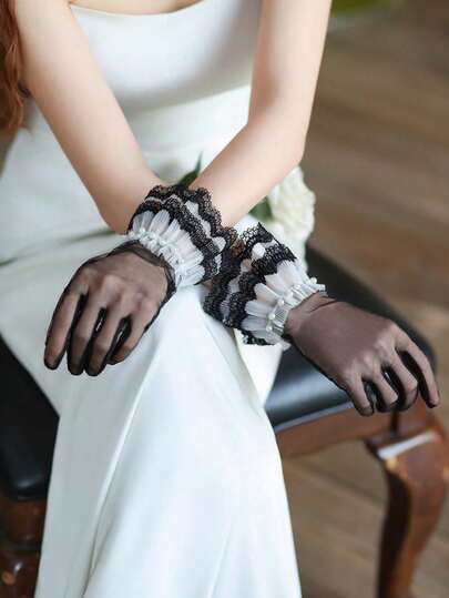 1 Pair Two-Layer Lace Trim Wedding Dress Gloves, Sheer Mesh Bridal Gloves, Bachelorette Party Bride-To-Be Gloves, Costume Accessory Gloves