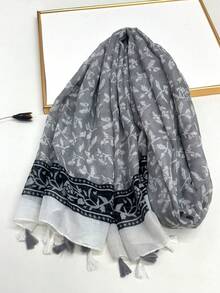 1条简约印花丝巾，轻盈透气，流苏披肩，优雅时尚的设计，适合女性，春夏百搭真丝围巾，户外防晒沙滩巾，可作连衣裙、度假、配饰、旅行必备单品。 - 灰黑色 - 查看 6