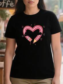 Camiseta casual para mujeres de 220g de algodón puro gruesa y cómoda con diseño de corazón de lápiz rosa de estilo cartoon - Negro - Ver 1