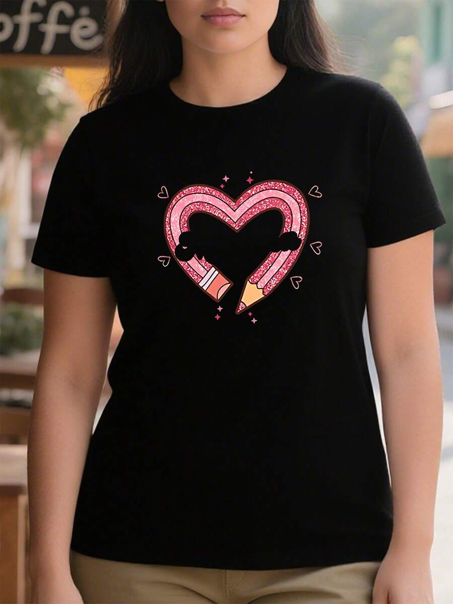 Camiseta casual para mujeres de 220g de algodón puro gruesa y cómoda con diseño de corazón de lápiz rosa de estilo cartoon - Negro - Ver 1