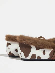 Women's Fashion Cow Print Slip-On Closed Toe Warm Fuzzy Flat Mary Jane Shoes, Brown, Versatile & Comfortable, Autumn/Winter - Brown - View 10