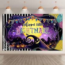 D72x43inch Fabric Welcome Little Nightmare Backdrop Halloween Pumpkin Moon Town Background Birthday Baby Shower Christmas Party Decorations Photo Booth Banner10