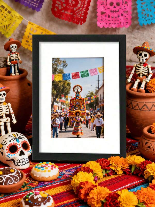 Holzbilderrahmen für Tag der Toten Partydekoration, geeignet für DIN A4 Papier, ideal für Halloween Wanddekoration und Tag der Toten Tischdekoration, kann für Feiertagsdekoration zuhause, mexikanische Partydekoration, Souvenirgeschenke und als Präsentationsständer für Partyfavors verwendet werden. (Nur Fotorahmen, transparenter Acrylglas, ohne Bemalung, ohne Pappe)