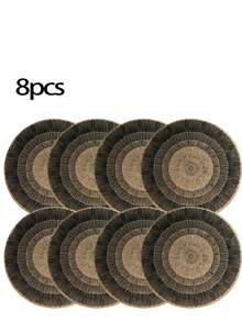 1 pièce-8 pièces Sets de table ronds rayés en jute, sets de table ronds noirs vintage, sets de table à motif de lignes, sets de table ronds de style moyen-oriental, convient pour restaurant, fête, décoration de mariage