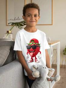 Boys' Funny Strawberry Graphic T-Shirt - Cute Fruit Lover Tee With Red Strawberry, Soft Everyday Shirt For Kids, Birthday Party Outfit Or School Apparel - Toddler & Kids Casual Top, Playful Clothing, Cartoon Character Design, Durable Print Quality, Young Kids Tshirt, Childrens Fashion, Fun Printed Shirt, Soft Knit Material, Round Neck Shirt, Parents Valentine Gifts - trắng - Xem 3