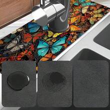 1 pièce Tapis de drain d'évier avec motif thème Hua Hudie, en terre de diatomées à séchage rapide et en caoutchouc antidérapant avec absorption de l'humidité, pour cuisine/salle de bain. Tapis de protection antidérapant en silicone en boue de diatomées pour robinet, tapis de drain de cuisine, protecteur de lavabo, convient à tous les types de robinets de salle de bain et de cuisine.