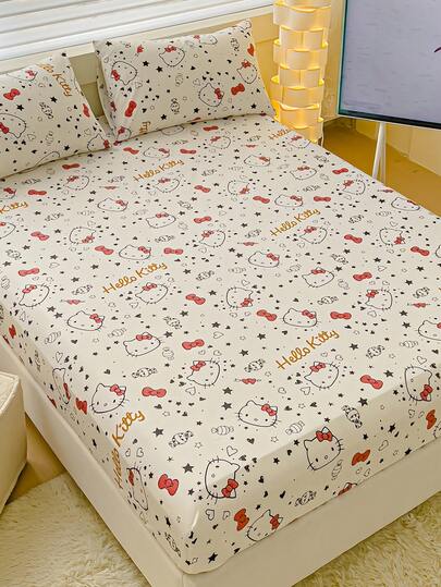 Sanrio 1pc Cute Cartoon Print Fitted Sheet, Kuromi/Cinnamoroll/Hello Kitty Bedding, Mattress Protector, Bed Cover, Fitted Sheet, Comfortable Home Textile, Breathable Anti-Pilling Mattress Protector, Home Decor, Fits All Bed Sizes - Twin, Full, Queen, King, All Season, Dust-Proof Bed Cover, Machine Washable