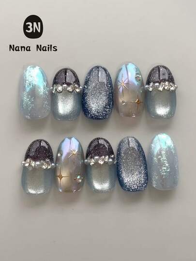 1 包/10 件秋季按压指甲，纯手工制作的蓝紫色玻璃珠猫眼按压指甲，带有星星元素 - 适合女孩和女士的神奇冬季和秋季可穿戴美甲艺术