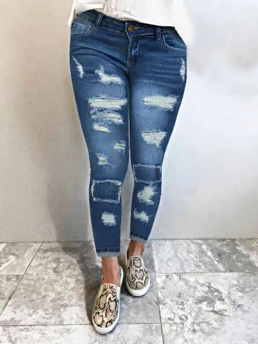 Women's Casual Distressed Skinny Jeans With Pockets And Zipper, Long Length, Medium Stretch, Suitable For Daily Wear - Medium Wash - View 1