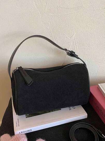 1个女士高级麂皮斜挎包，小号单肩包，配有可调节肩带，黑色斜挎手提包