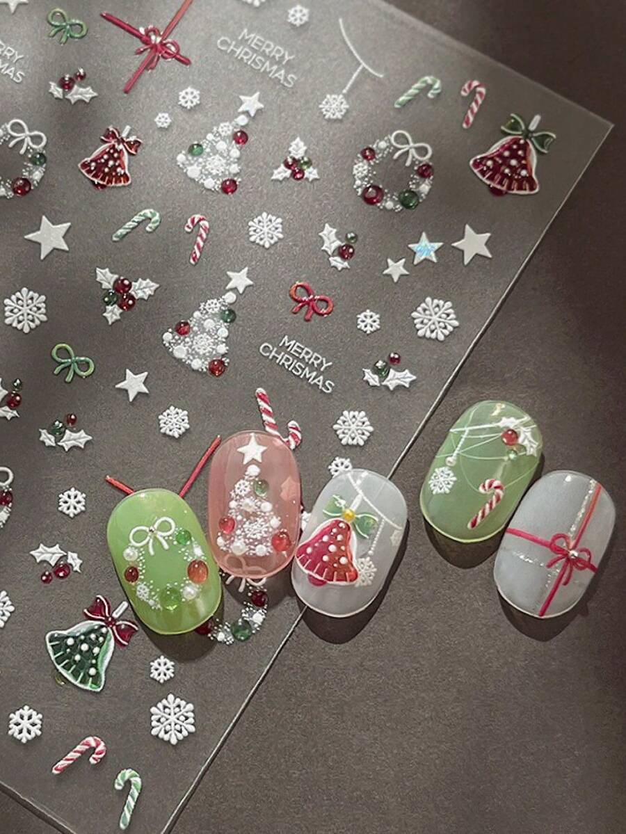 1 Foglio di Adesivi per Unghie Natalizi, Albero di Natale Aurora, Campana di Natale, Bastoncino di Zucchero, Realizzati in Gel, Decorazioni Natalizie 3D in Rilievo, Adesivi per arte di unghie Autoadesivi, Adatti per Manicure Fai-da-Te di Dita di Mani e Piedi di Donne e Ragazze, Regalo Natalizio