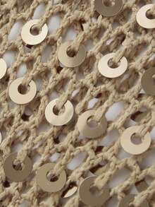 Women Sequin Knit Poncho Fringe Hem Off Shoulder See-Through Crochet Cape Sheer Shrug Lightweight Beach Cover Ups - 棕色 - 查看 10