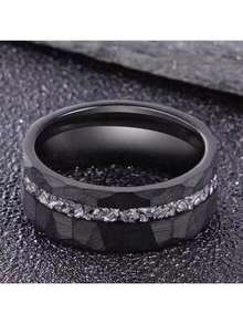 1pc Men's Black Tungsten Carbide Ring,Inlay Muonionalusta Meteorite Interstellar Ring Hammered Wedding Band For Daily Wear, Gift For Party Holiday Birthday Anniversary