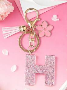 1pc DIY Pink 26 English Alphabet Keychain, Resin Glitter Flower Tassel Key Chain For Women Christmas Gift