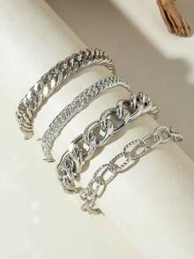 4pcs/Set Minimalist Punk Metal Chunky Chain Bracelet Set, Suitable For Dating, Party, Daily Wear - Yellow Gold - View 8