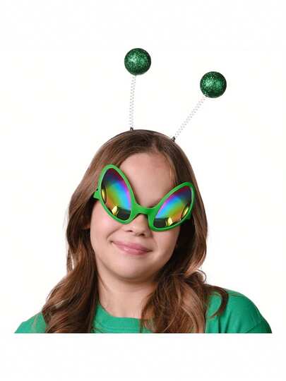1 Set (1 Pair Glasses + 1 Headband) Green Alien Headband And Glasses, Mars Antenna Headband, Space Themed Costume Accessories