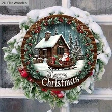 2D plat, 1 panneau en bois de Noël - Scène d'hiver 2D, Père Noël sur un traîneau, maison enneigée et pins, décorations de fête rouges et vertes, convient pour accrocher à la porte ou au mur, ornements de Noël, le meilleur pour Noël