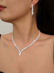 3pcs/Set V-Shape Fashionable Cubic Zirconia Jewelry Set Including Earrings, Necklace, Suitable For Women's Wedding, Festival, Birthday, Party
