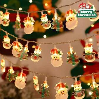 1 Guirnalda de luces navideñas con diseños de Papá Noel, árbol de Navidad y muñeco de nieve, perfecta para decoración navideña, Acción de Gracias, Año Nuevo, hogar, fiestas, luces de hadas, tiras de luz interior, 10 luces/20 luces (batería no incluida)