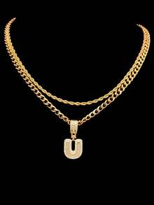 2pcs/Set 1pc Cubic Zirconia Letter Pendant & 2pcs Stainless Steel Chain Necklaces, 26 English Letters, Unisex Fashion Classic Hip Hop Vintage Pendant Necklaces, Suitable For Daily Wear Or Parties, Gift For Lover - Yellow Gold - View 29