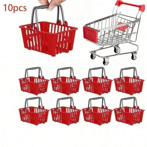 10pcs/Set Mini Metal Shopping Cart With Basket, Red Supermarket Cart Set, Miniature Creative Toy, Diversified Styles, For Photo Props, Office, Home, Kitchen Decor, Birthday, Party Gifts, Baskets, Trash Cans And Containers