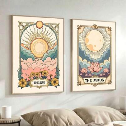 Set Of 2 Unframed Moon Sun Tarot Card Art Poster Boho Abstract Astrology Celestial Abstract Painting Canvas Print Funky Minimalist Wall Picture For Dorm,Apartment,Living Room,Bedroom,Modern Home Decoration